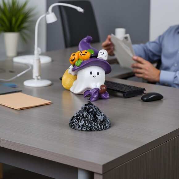 Bobbing Ghost on Broomstick with Witch Hat Swing Ghost Statue Ornament Decor - Picture 5 of 6